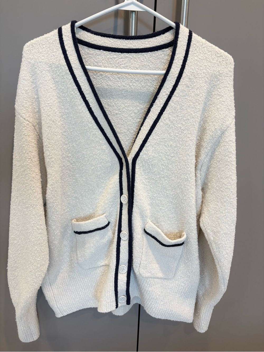 J.Crew Cardigan Ivory Navy Trim Preppy Sweater. Collegiate, varsity size large